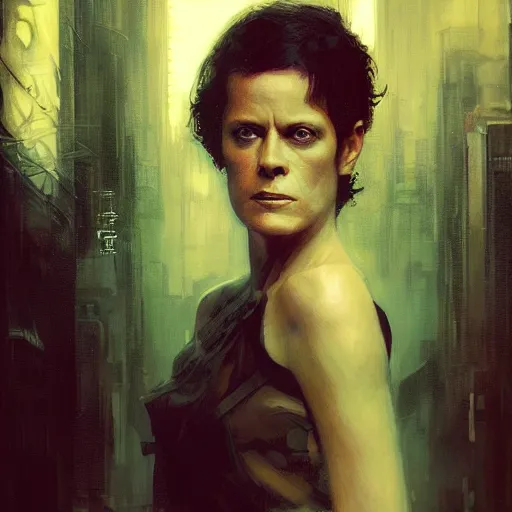 Prompt: sigourney weaver, hyperrealistic portrait, bladerunner street, art of elysium by jeremy mann and alphonse mucha, fantasy art, photo realistic, dynamic lighting, artstation, poster, volumetric lighting, very detailed face, 4 k, award winning