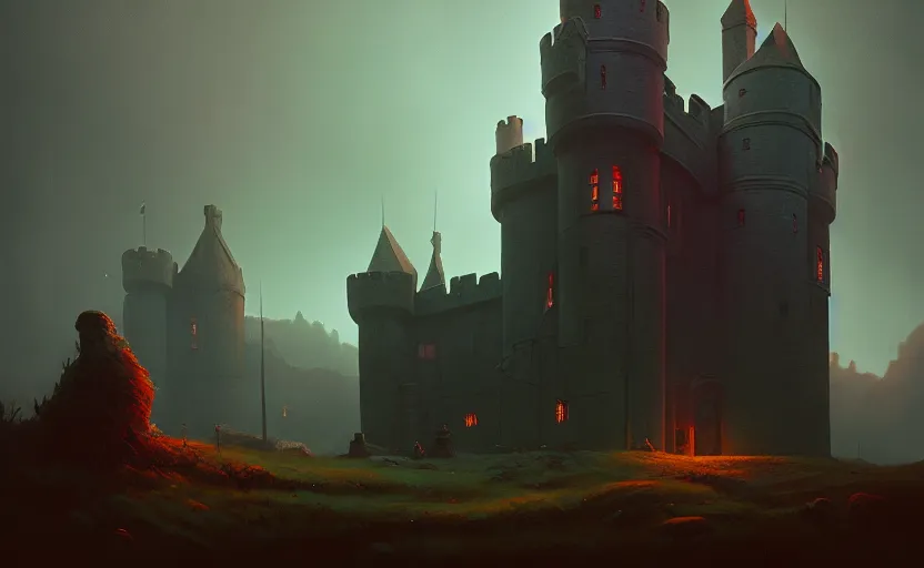 Image similar to an old english castle with moody and cinematic lighting by simon stalenhag and illya repin, cinematic and atmospheric, concept art, artstation, trending on artstation