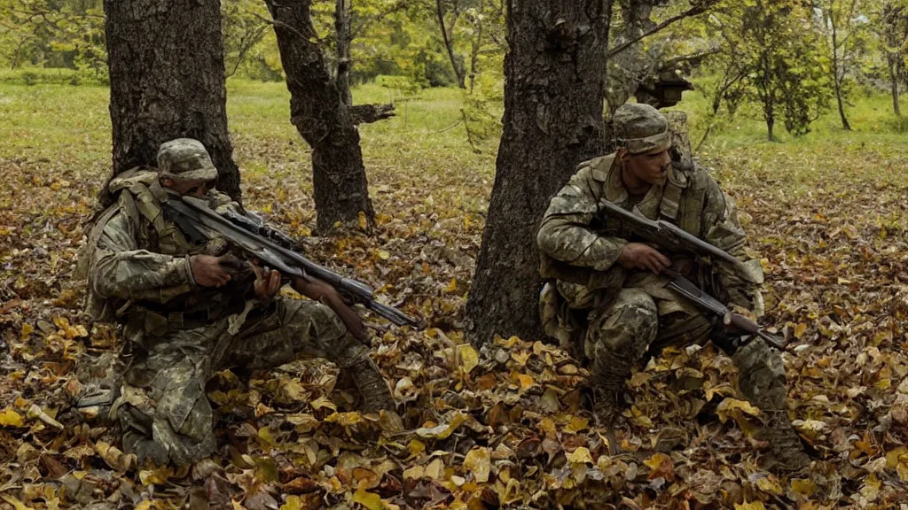 Image similar to a soldier with a rifle in tarkov made of leaves and twigs hiding in a tree, film still from the movie directed by Denis Villeneuve with art direction by Salvador Dalí, wide lens