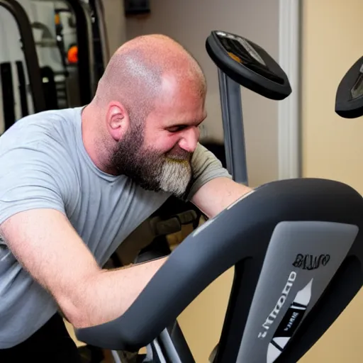 Image similar to ethan van sciver with a bald head and grey trimmed beard working out vigorously on his peloton exercise bike