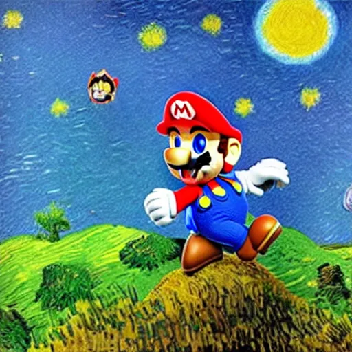 Prompt: highly detailed Super Mario on a hill under sky, by Van Gogh