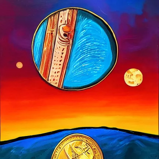 Image similar to a painting of a giant coin flying towards the moon like a rocket