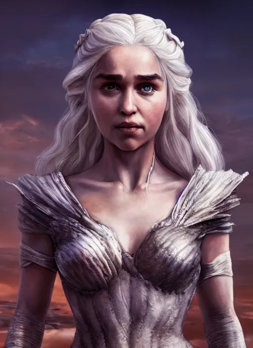 Image similar to An epic fantasy comic book style portrait painting of Daenerys Targaryen and her dragons, Unreal 5, DAZ, hyperrealistic, octane render, cosplay, RPG portrait, dynamic lighting