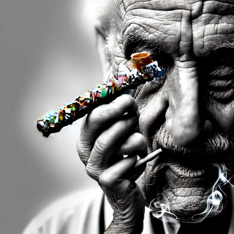 Image similar to a detailed portrait of an old man, smoking a lit perfectly symmetrical cuban cigar, cinematic photography, smoke rising like clouds, beautifully symmetrical, super resolution, cgi, trending on art station, volumetric lighting & shadows, hyper detailed, 8 k, unreal engine, canon 2 0 0 mm,