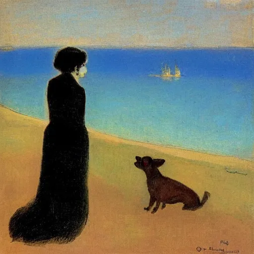 Image similar to a woman and her black and brown chihuahua looking out at the ocean by odilon redon