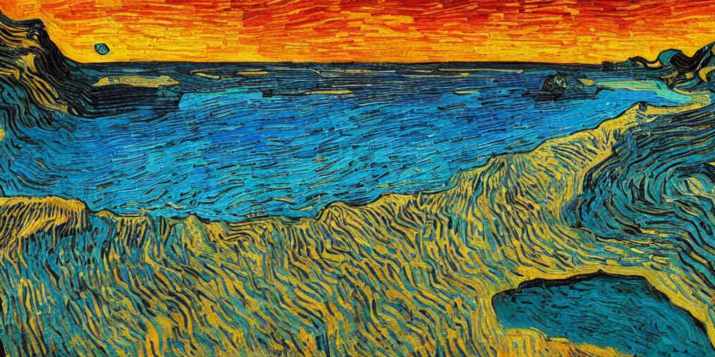 Image similar to a beach between two valley, by Salvador Dali and Van Gogh collaboration, sun set, digital art, high details, drone wide shot