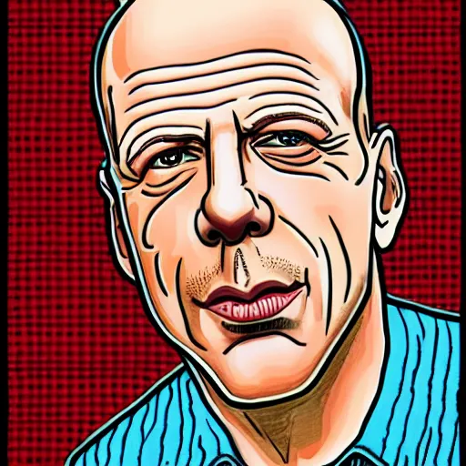 Prompt: a illustration portrait of Bruce Willis drawn by Robert Crumb