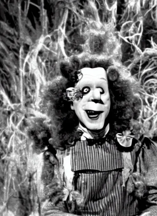 Prompt: still of ronald mcdonald in the wizard of oz movie, gloomy atmosphere