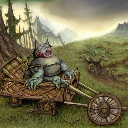 Prompt: painting of fat goblin riding down a hill in a rickety wooden cart holding a lance, fantasy art, magic : the gathering art, by diterlizzi