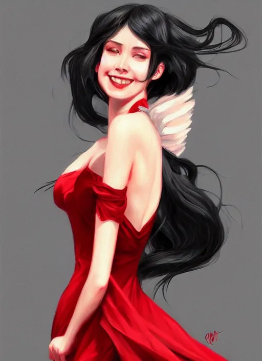 Image similar to a highly detailed illustration beautiful long black haired woman wearing red dress, elegant smiling pose, perfect face, perfect body, intricate, elegant, highly detailed, centered, digital painting, artstation, concept art, smooth, sharp focus, league of legends concept art, wlop