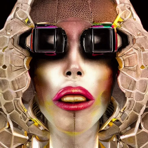 Image similar to closeup portrait of an absurdly beautiful, graceful, sophisticated, fashionable cyberpunk mechanoid gravure idol, ultrafine hyperdetailed illustration by irakli nadar, matt wisniewski style, marvel comics, intricate linework, porcelain skin, neon jellyfish headdress, ivory carved ruff, unreal engine 5 highly rendered, global illumination, radiant light, detailed and intricate environment