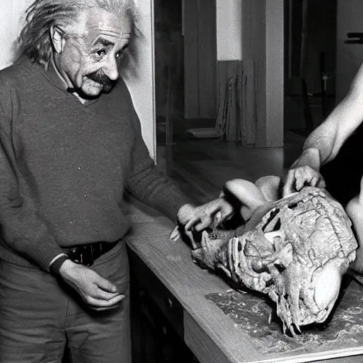 Prompt: Albert Einstein working on the body of a Predator, realistic detailed picture from 1980's