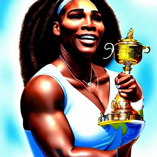 Image similar to serena williams as aphrodite holding the us open trophy illustration by artgerm