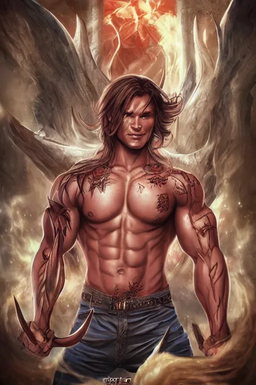 Prompt: muscular sam winchester as a mage tattooed in the cover of an acotar book, sarah j. maas, d & d!, fantasy style, sharp focus!, ultra detailed, art by artgerm, wlop, ilya kuvshinov