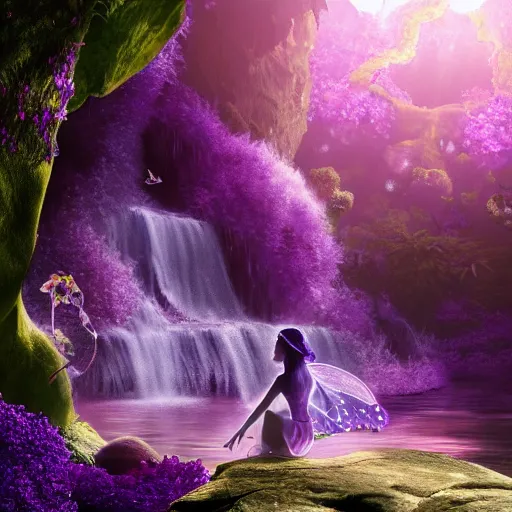 Image similar to a cinematic render of a silhouette of a purple styled fairy surrounded by amethysts, sitting in a mystical waterfall cave, lilac sunrays, matte painting, highly detailed, 8 k