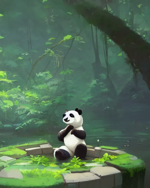 Image similar to a panda taking a bath in a spring with lush vegetation around, cory loftis, james gilleard, atey ghailan, makoto shinkai, goro fujita, character art, rim light, exquisite lighting, clear focus, very coherent, plain background, soft painting