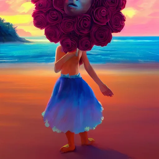 Image similar to portrait, giant rose flower head, girl dancing at the beach, surreal photography, sunrise, blue sky, dramatic light, impressionist painting, digital painting, artstation, simon stalenhag