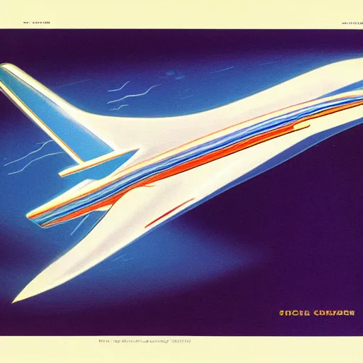 Prompt: supersonic passenger jet, concept art, 1 9 7 0 s style, saturated colors