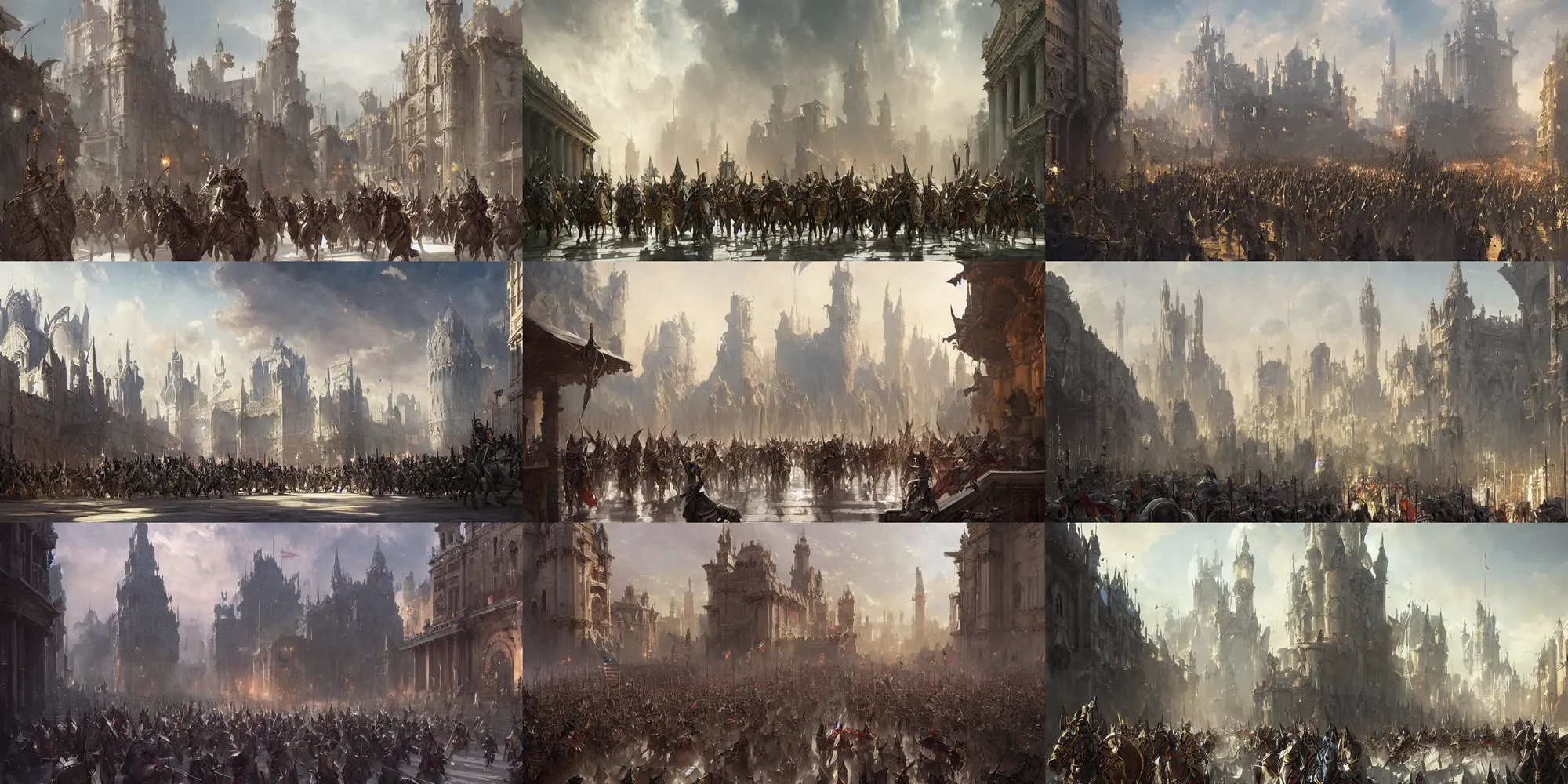 Prompt: capital city of a fantasy kingdom with a few knights in armor marching down the busy street and tall marble buildings with fantasy roman architecture, by Greg Rutkowski