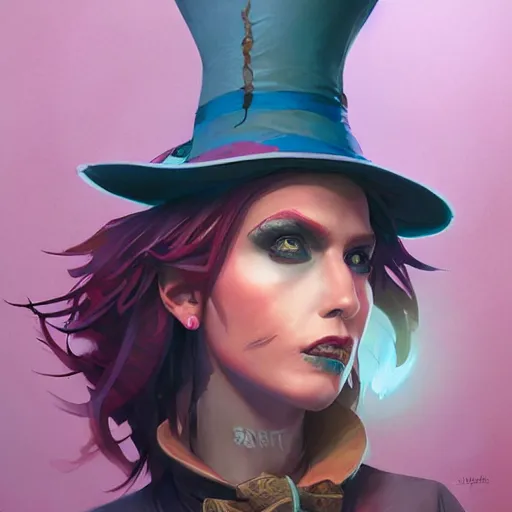 Image similar to realistic, full body portrait, attractive punk female mad hatter, by Jordan Grimmer and greg rutkowski, crisp lines and color,