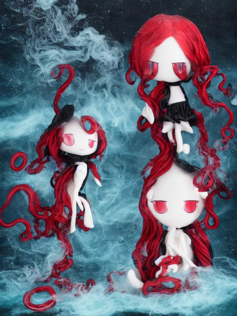 Image similar to cute fumo plush chibi gothic translucent octopus maiden alien girl washing her hair in the waves of the wavering dark galactic abyss, black and red ruffled intricate dress with ribbons, ocean wave thunderstorm and reflective splashing water, wisps of smoke and haze and volumetric fog, black and white, ocean simulation, vignette, vray