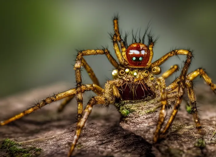 Prompt: super macro of a crystal spider with big eyes sitting on a flower, in the forest. fantasy magic style. highly detailed 8 k. intricate. nikon d 8 5 0 3 0 0 mm. award winning photography.