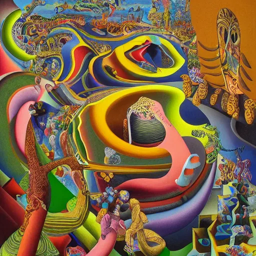 Prompt: a highly detailed intricate and brightly colored painting by Jackson Pollack and Bosch and Dali and MC Escher, exquisite, masterpiece, apotheosis, 4K, very detailed