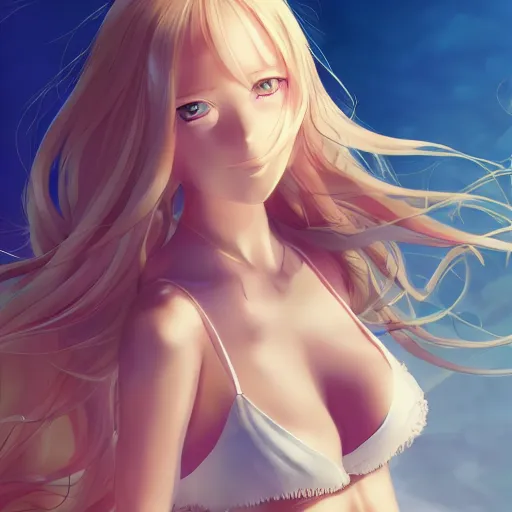 Image similar to a very beautiful young anime girl, full body, long wavy blond hair, sky blue eyes, full round face, bikini, miniskirt, front view, mid - shot, highly detailed, digital art by wlop, trending on artstation