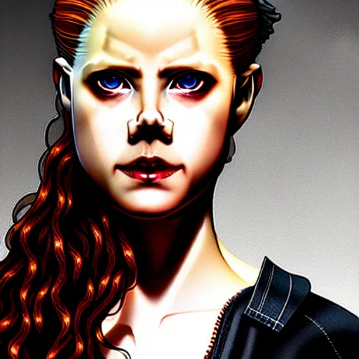 Image similar to style of yoji shinkawa : : gorgeous vampire amy adams : : sharp teeth fangs, open mouth sneer : : symmetrical face, symmetrical eyes : : gorgeous red hair : : magic lighting, low spacial lighting : :