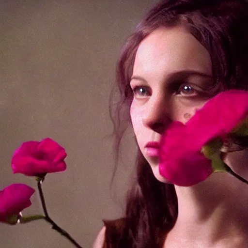 Image similar to movie still of the girl with the flowers head, cinematic composition, cinematic light, by edgar wright and david lynch, surrealist cinema