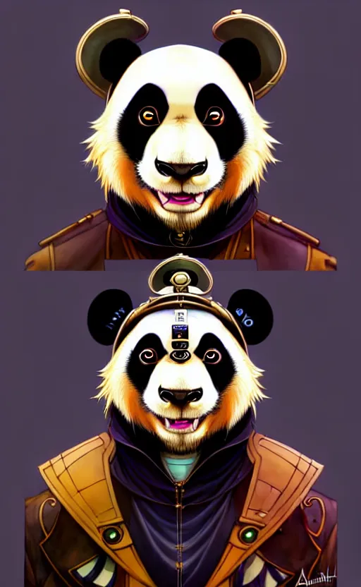 Image similar to don bluth, loish, artgerm, joshua middleton, steampunk, clockpunk anthropomorphic panda, full sailor suit, symmetrical eyes symmetrical face, colorful animation forest background