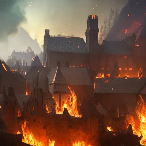 Prompt: medieval village burning down from meteor debris, award winning, trending on artstation, unreal engine, fantasy art, octane render, hyperrealistic