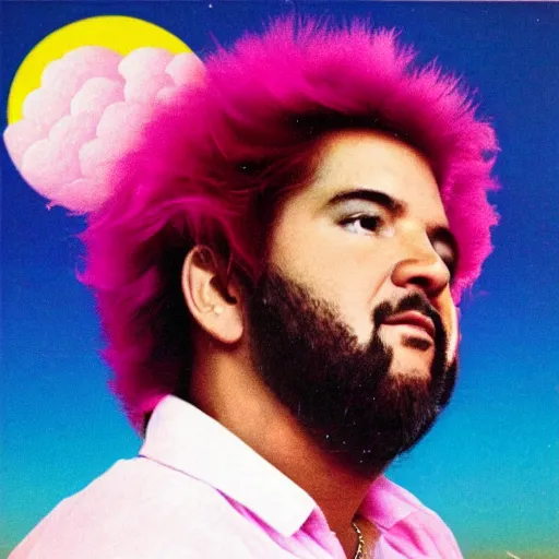 Image similar to 8 0 s new age album cover depicting a fluffy pink cloud in the shape of guy fieri, very peaceful mood