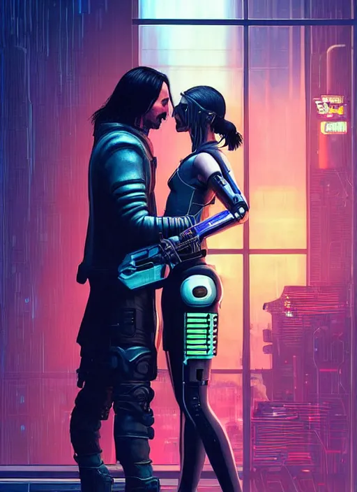 Prompt: a cyberpunk 2077 couple portrait of Keanu Reeves & female android in final kiss,love,film lighting,by Laurie Greasley,Lawrence Alma-Tadema,Dan Mumford,artstation,deviantart,FAN ART,full of color,Digital painting,face enhance,highly detailed,8K,octane,golden ratio,cinematic lighting