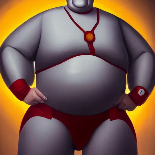 Image similar to Full body photo of morbidly obese ironman, he has lazy eyes of hunger, he is looking straight to the camera, he has a glow coming from him likely flatulence, he is getting illuminated by an unseen overhead light, behind is a mcdonalds, the photo was taking by Annie Leibovitz, matte painting, oil painting, naturalism, 4k, 8k