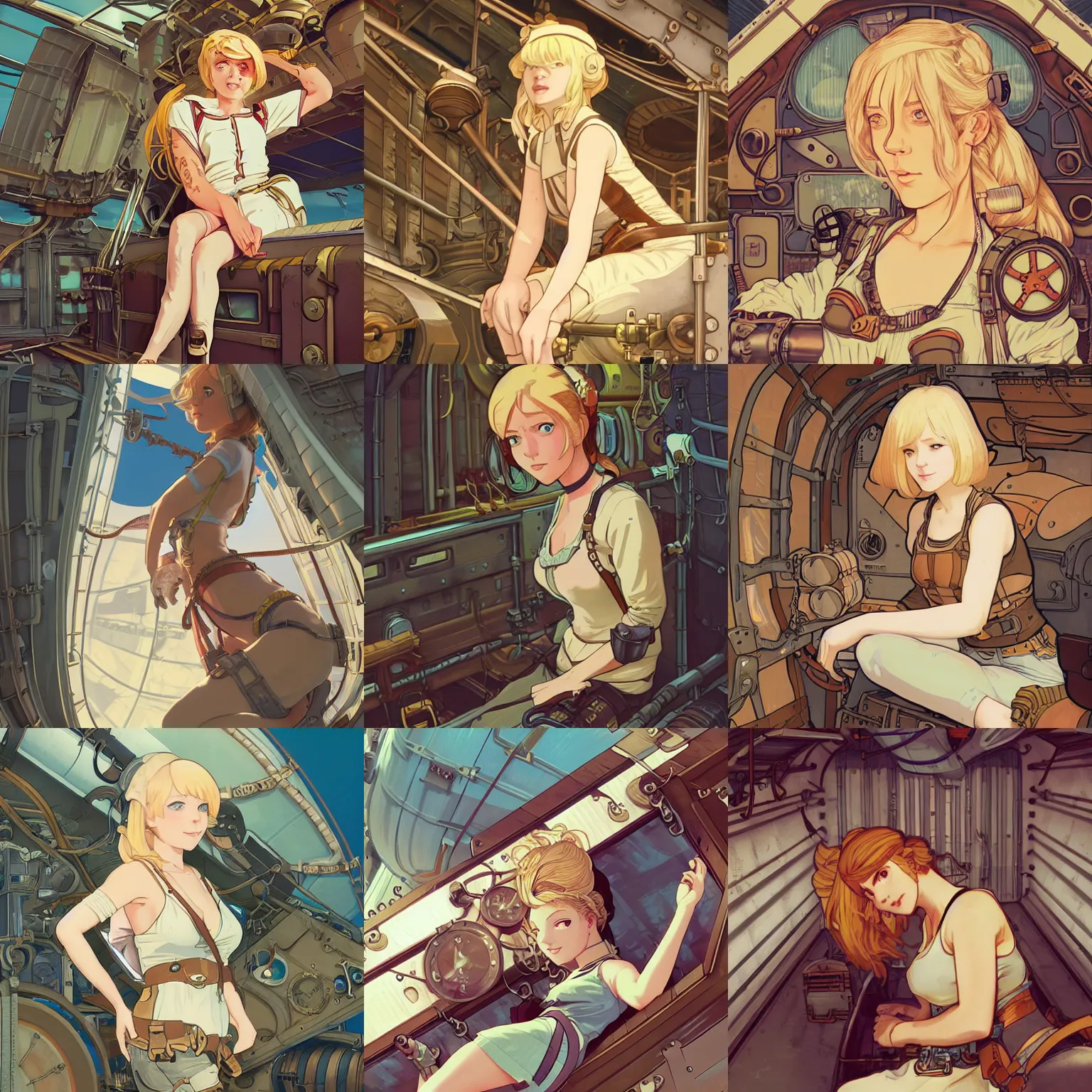 Prompt: Character portrait of a tank top-clad blonde female airship mechanic resting in her cramped bunk, steampunk, highly detailed, artstation, digital illustration, concept art, by Kyoto Animation and Studio Ghibli, by Ilya Kuvshinov and Alphonse Mucha