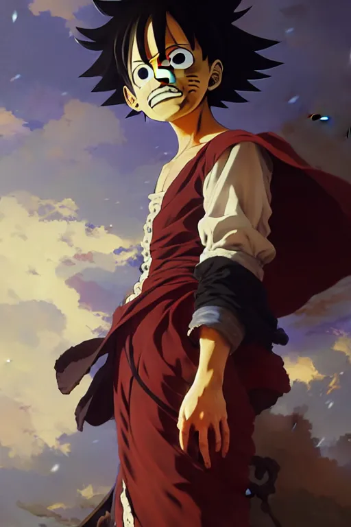 Image similar to baroque oil painting full body portrait character concept art, anime key visual of luffy studio lit directed gaze, trending on pixiv fanbox, painted by greg rutkowski makoto shinkai takashi takeuchi studio ghibli