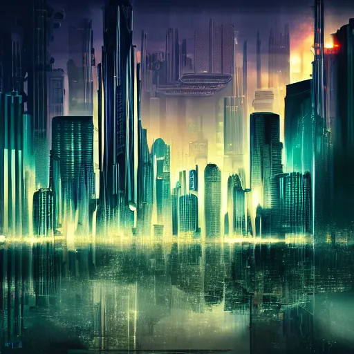 Prompt: beautiful photo of a dreamlike cyberpunk art deco skyline at dawn