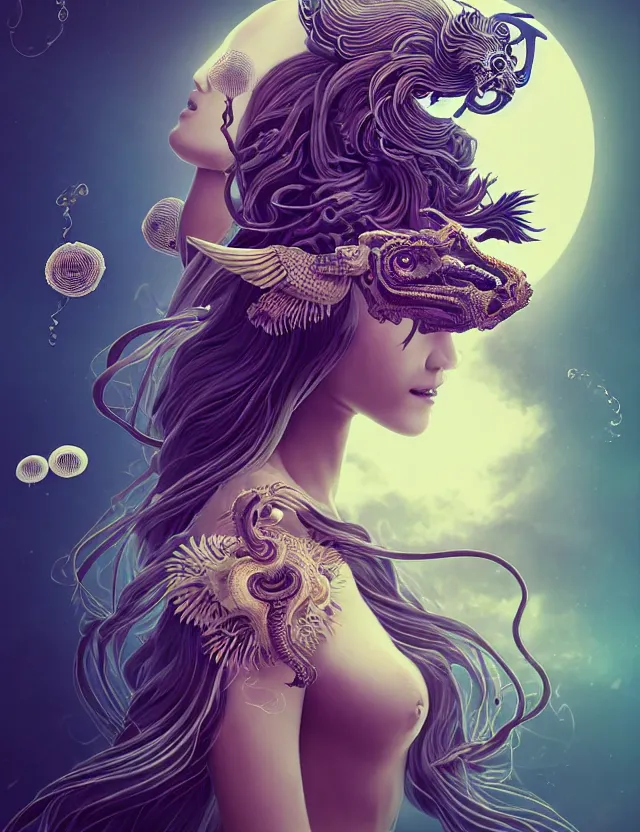 Image similar to 3 d goddess half - turn portrait with long hair with ram skull. beautiful intricately detailed japanese crow kitsune mask and clasical japanese kimono. betta fish, jellyfish phoenix, bio luminescent, plasma, ice, water, wind, creature, artwork by tooth wu and wlop and beeple and greg rutkowski