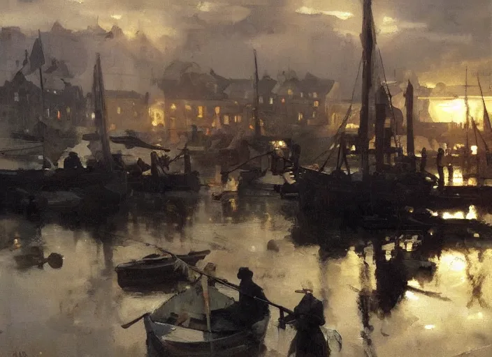 Prompt: oil painting of fishing village in dawn by anders zorn, wonderful art by greg rutkowski, incredible lighting, shadows, beautiful cinematic light, american romanticism by greg manchess, very bright and optimistic