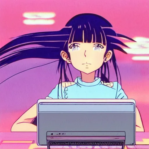 Prompt: girl sitting at her computer, sprite, vaporwave nostalgia, directed by beat takeshi, visual novel cg, 8 0 s anime vibe, kimagure orange road, maison ikkoku, sketch by osamu tezuka, directed by makoto shinkai and beat takeshi