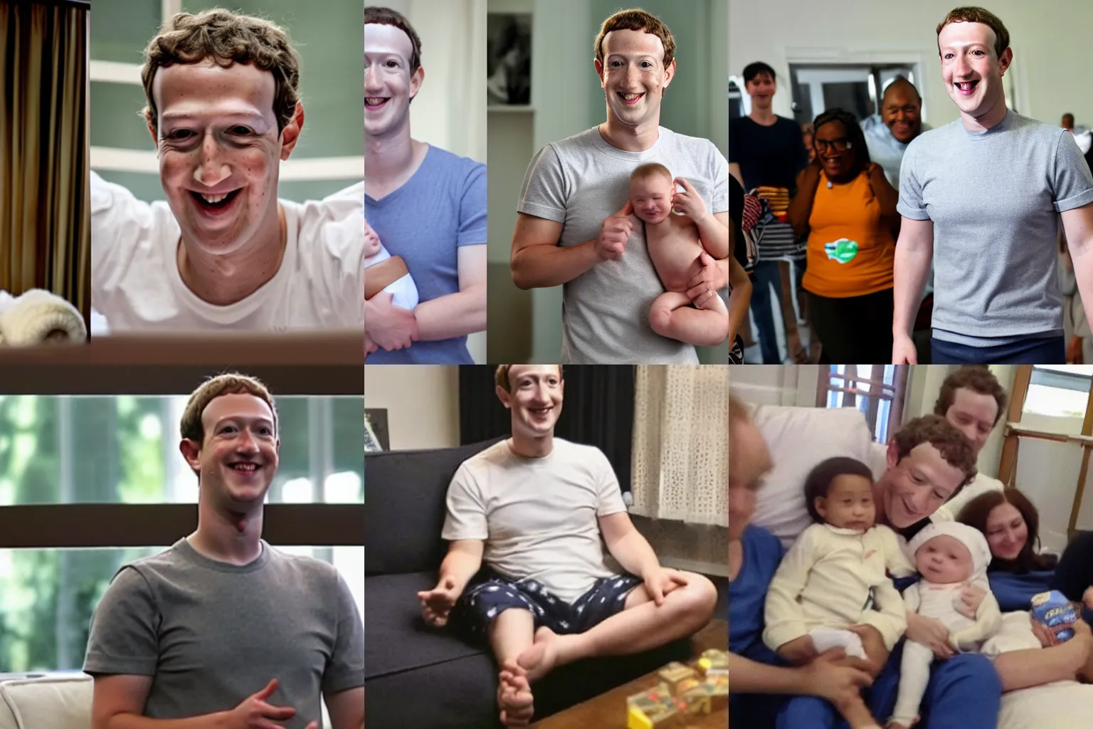 Prompt: mark zuckerberg the saviour of humanity wearing pampers is smiling to his followers in pajamas