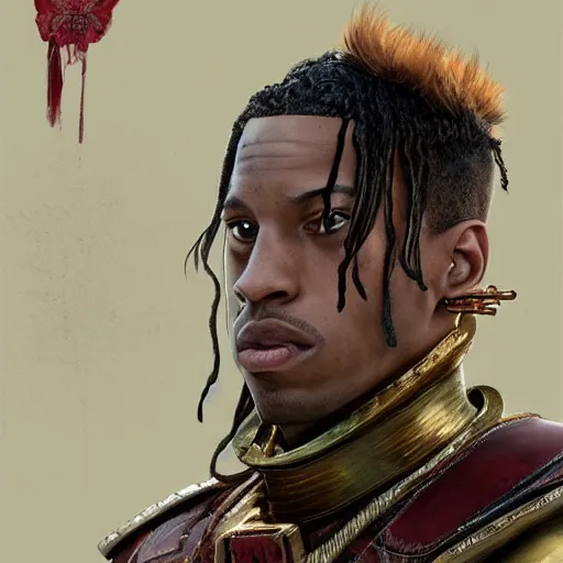 Image similar to travis scott as a knight, a character portrait by weiwei, cgsociety, sots art, official art, art, character,