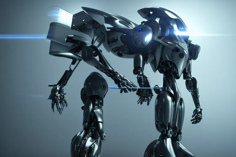 Prompt: cyberpunk alien concept inspired mecha robot, futuristic look, highly detailed body, very powerful, photorealistic camera shot, bright studio setting, studio lighting, crisp quality and light reflections, unreal engine 5 quality render