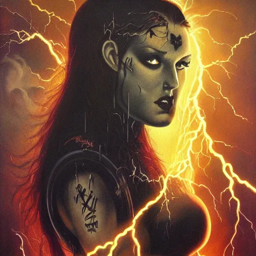 Image similar to ultra realistic portrait painting of a heavy metal album cover with a goth girl and lightning, art by frank frazetta, vintage levi ’ s ad, stormy weather, dark vibes, 4 k, ultra realistic, highly detailed, epic lighting