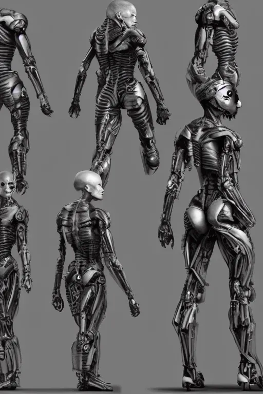 Prompt: cyborg norse goddess with gunmetal grey skin, medical anatomy, very symmetrical face, highly detailed, japanese mecha, three - perspective / three - view reference sheet ( front / back / side ), in the style of dan ouellette, dren from splice, hr giger, sil from species, artstation, unreal engine