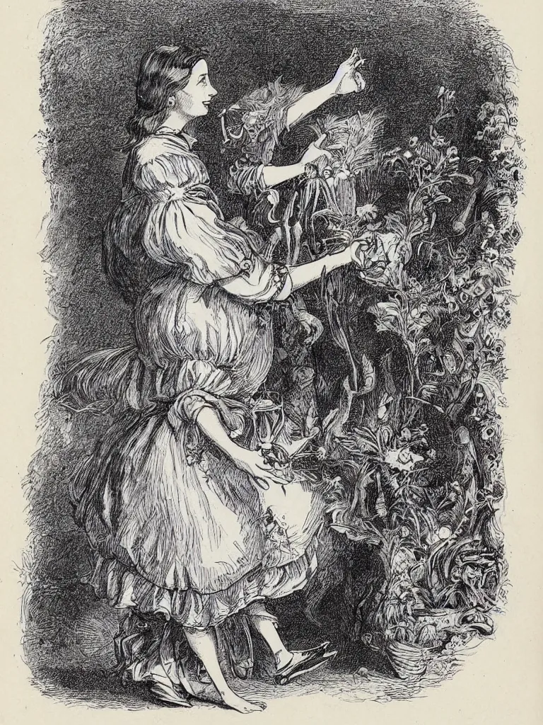 Image similar to Tenniel illustration portrait of Alice, walking in wonderland