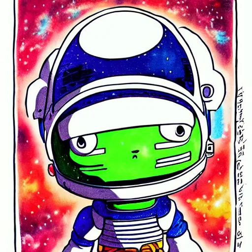 Prompt: a cute alien character sitting on their spaceship, copic marker, illustration, anime art, art by Akira Toriyama.