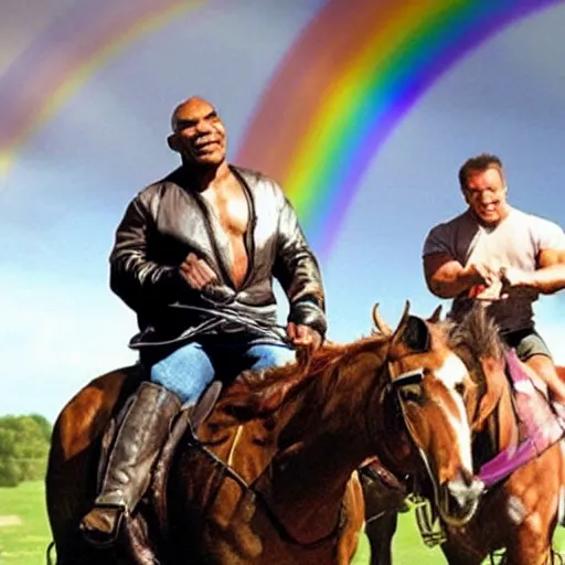 Image similar to mike tyson and arnold schwarzenegger riding a horse in front of a rainbow