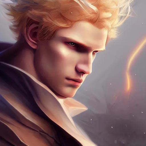 Image similar to digital art of a pale menacing male Cyborg Angel of Battle with fluffy blond curls of hair and piercing eyes, johan liebert mixed with Dante, central composition, he commands the fiery power of resonance and wrath, very very long blond curly hair, baroque curls, by WLOP, Artstation, CGsociety